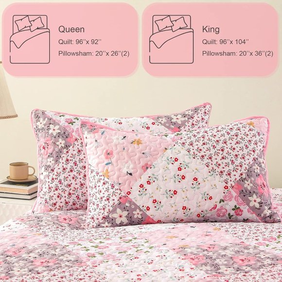 New Pink Floral Patchwork 3-Piece Bedding Quilt Set • Reversible  • KING - Picture 4 of 7